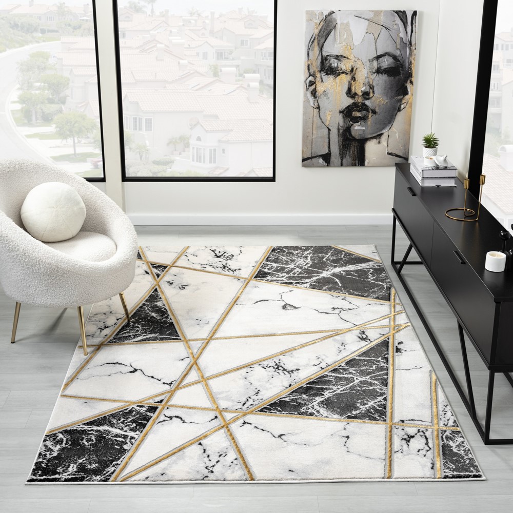 Bianco 185MA Marble Geometric Rug in Black Cream